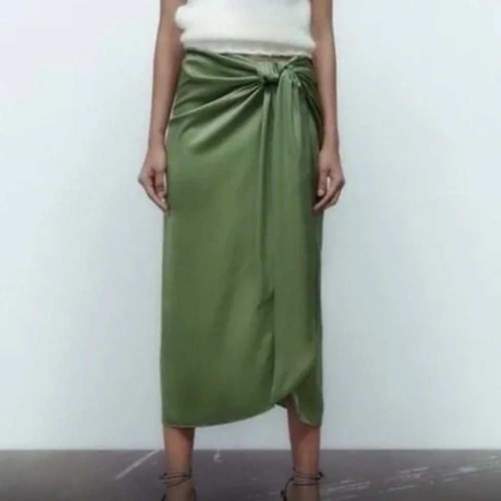 Zara Olive Green Satin Wrap Midi Skirt XS Knot Front Draped Sarong